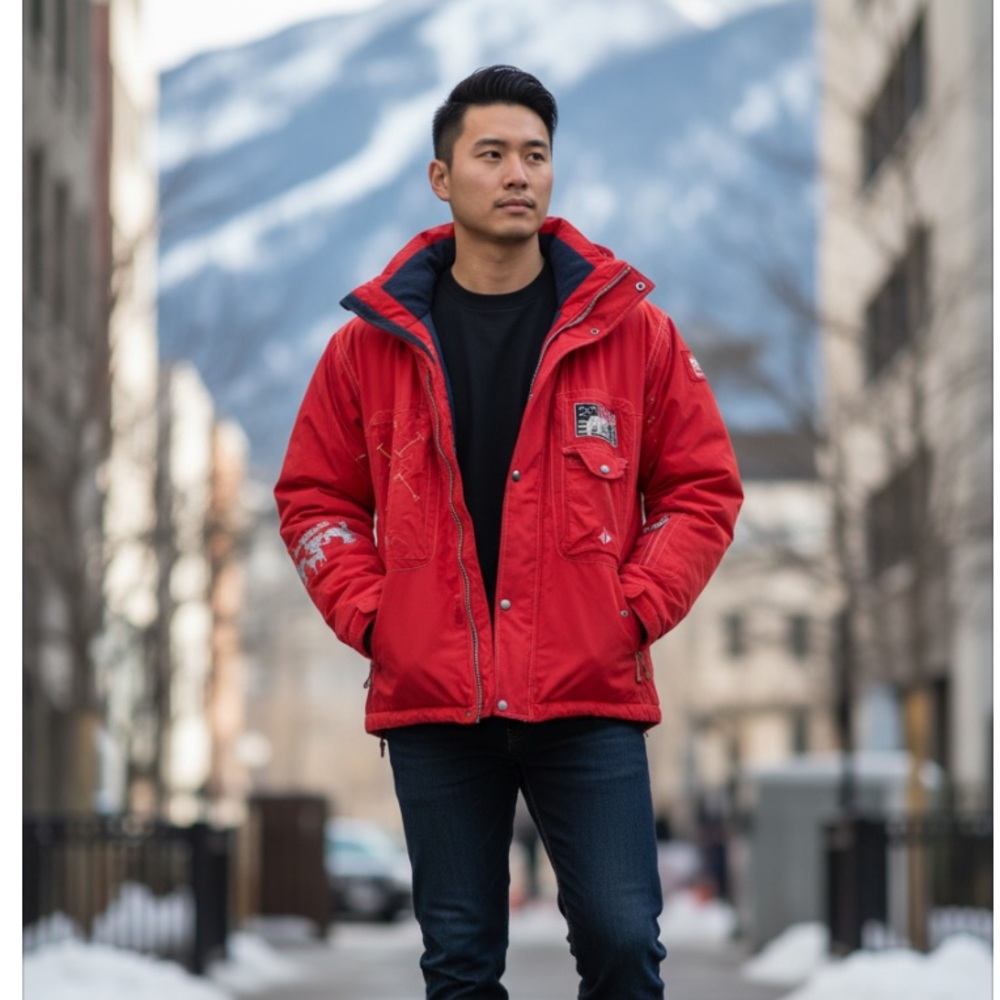Bogner Red Ski Jacket with Polar Bear Patch